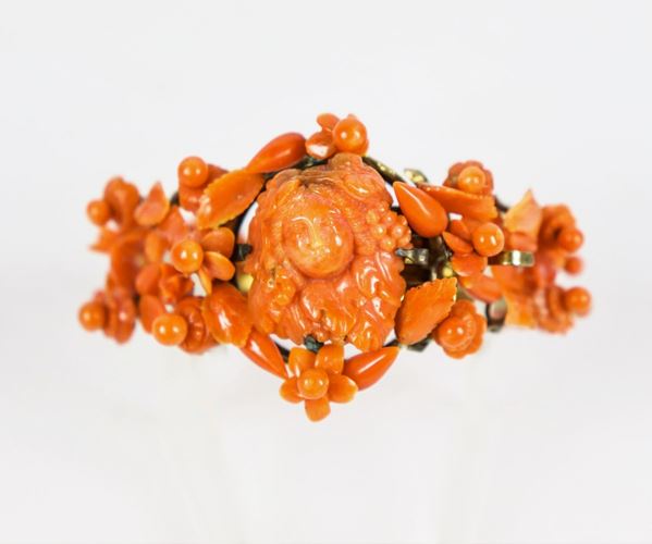 Antique Neapolitan Ferdinand II period bracelet in coral and gilded silver