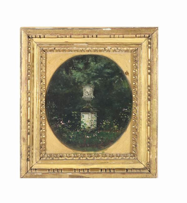 Paul Fergus Robinet Pittore Francese XX Secolo - "Interior of garden with Medici vase" small oil painting on tablet