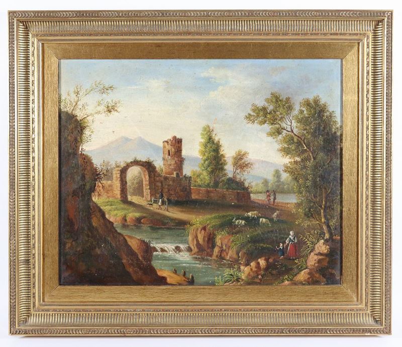 "Paesaggio con corso d'acqua, viandanti e pastori con gregge" dipinto ad olio su tela