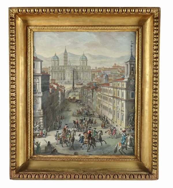 Antica incisione acquarellata "Veduta della Basilica di Santa Maria Maggiore dalle Quattro Fontane con corteo papale"