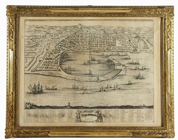 Antica incisione su carta "Topografia della città di Messina con il porto"