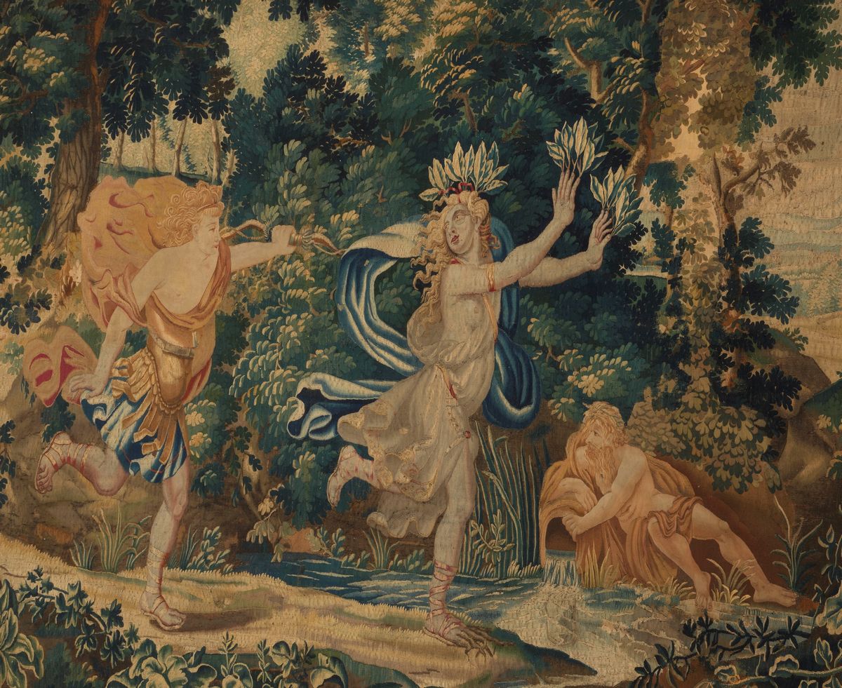 Grande arazzo a colori vegetali "Apollo e Dafne"