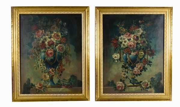 Scuola Italiana Inizio XX Secolo - "Allegorie con vasi e mazzi di fiori" coppia di dipinti ad olio su tela