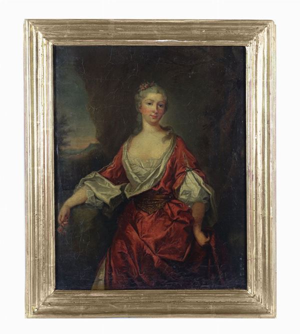 Scuola Francese XIX Secolo - "Portrait of a noblewoman with roses" small oil painting on canvas