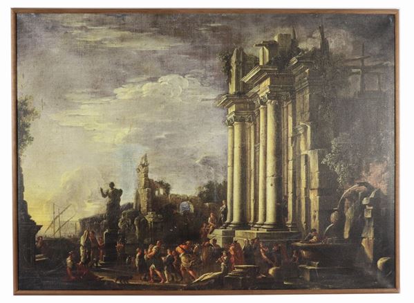 'Ruins with fountain, characters and port' colorful print