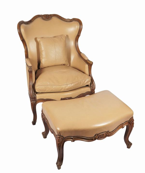 French walnut bergere with stool