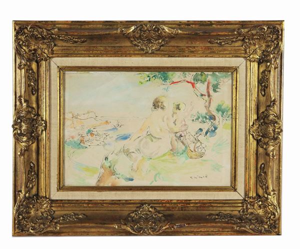 Ludwig KlimeK - "Marina con mamma e figlioletto". Firmato. Piccolo disegno all'acquarello su carta