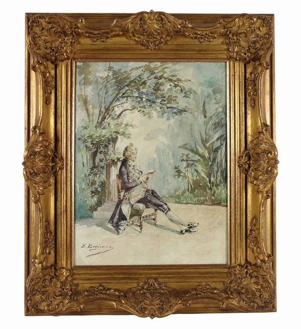 Enrico Bogliani - "Nobleman in Reading". Signed. Small watercolor on paper