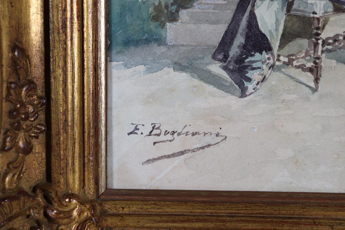 "Nobiluomo in lettura". Firmato. Piccolo acquarello su carta