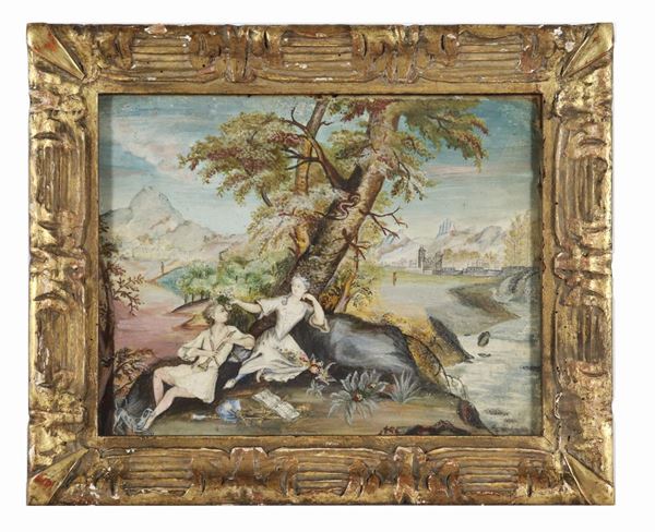 Scuola Francese Fine XVIII Secolo - "Paesaggio con suonatore e dama" piccolo dipinto ad olio su carta