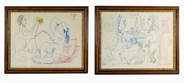 Coppia di riproduzioni su carta di disegni di Picasso "Nudi astratti" 