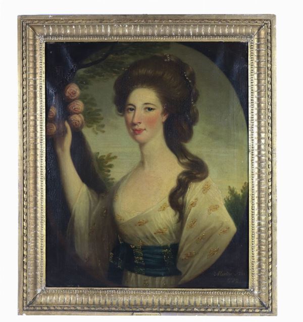 Pittore Inglese XVIII Secolo - "Portrait of Lady Margaret Catherine Fisher". Signed and dated 1782. Oil painting on canvas