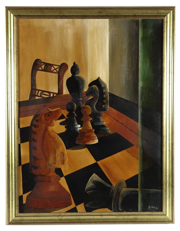 Arte Contemporanea - Firmato e datato 1991. "Tavolo con scacchiera e scacchi" dipinto ad olio su tela