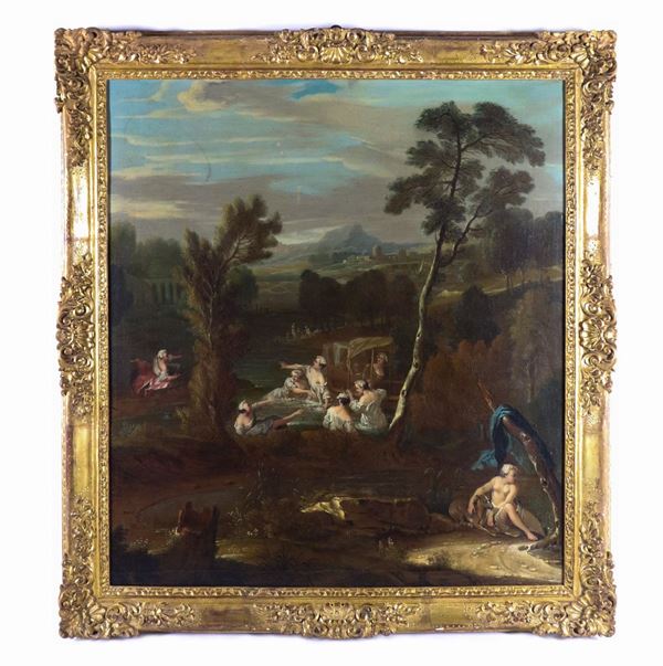 Scuola Italiana XVIII Secolo - "Landscape with bathers" oil painting on canvas