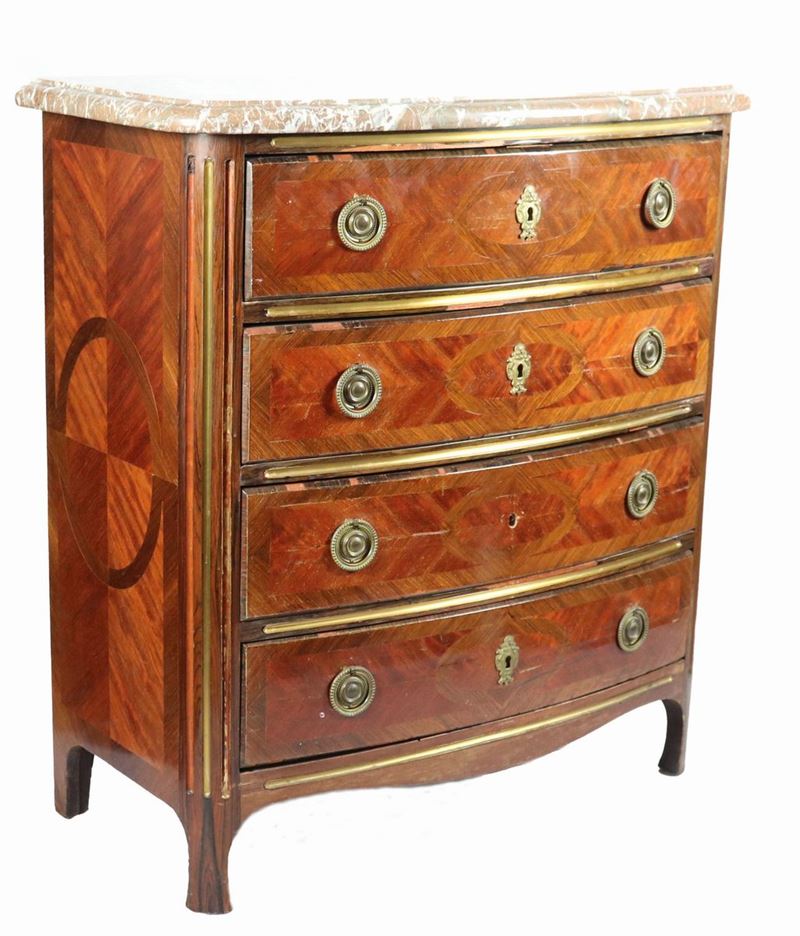 Piccola commode Napoleone III in bois de rose ed ebano viola