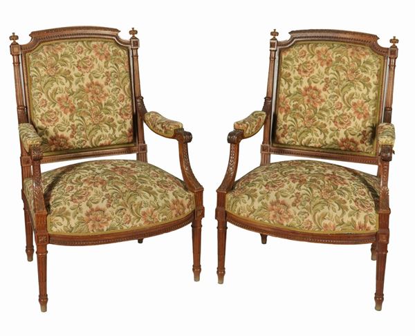Pair of French Louis XVI line armchairs in walnut