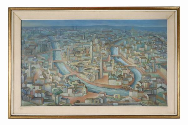 Renzo Sommaruga - "Veduta di Verona da Castello San Pietro". Firmato. Dipinto ad olio su tela