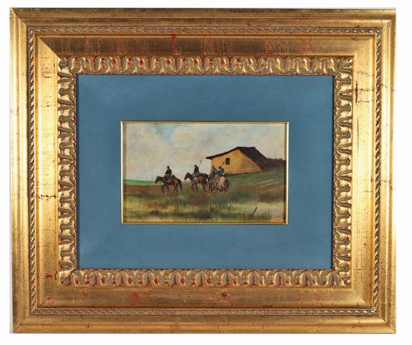 Pittore Macchiaiolo Met&#224; XIX Secolo - "Soldati a cavallo in perlustrazione" piccolo dipinto ad olio su tavoletta