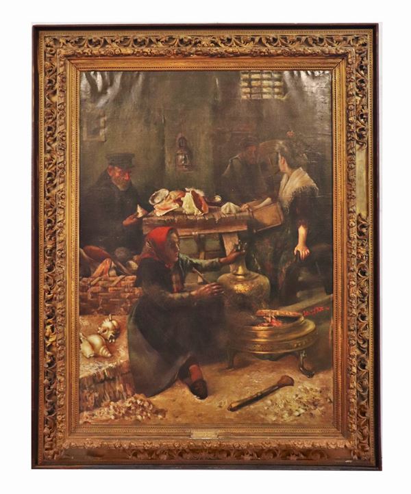 Felice Del Prato - "I lavoratori di conchiglie". Firmato e datato 1901. Dipinto ad olio su tela