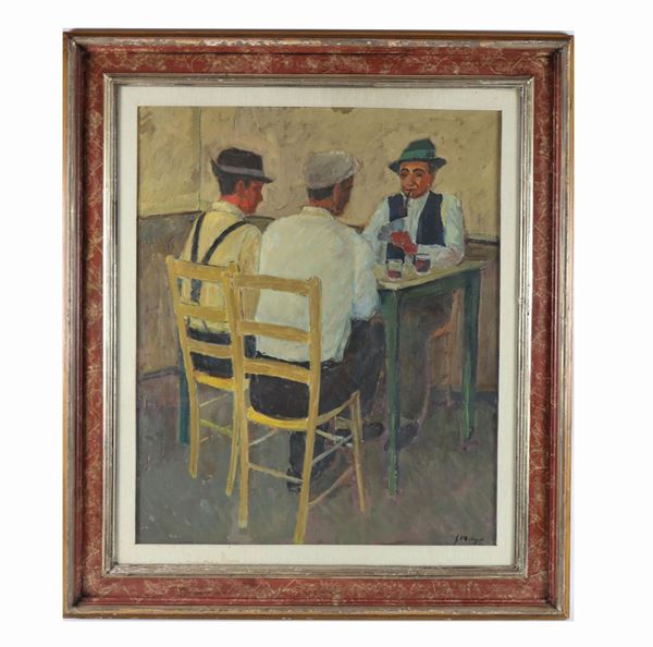 Giuseppe Malagodi - "Interior of a tavern with card players". Signed and dated 1962. Oil painting on canvas