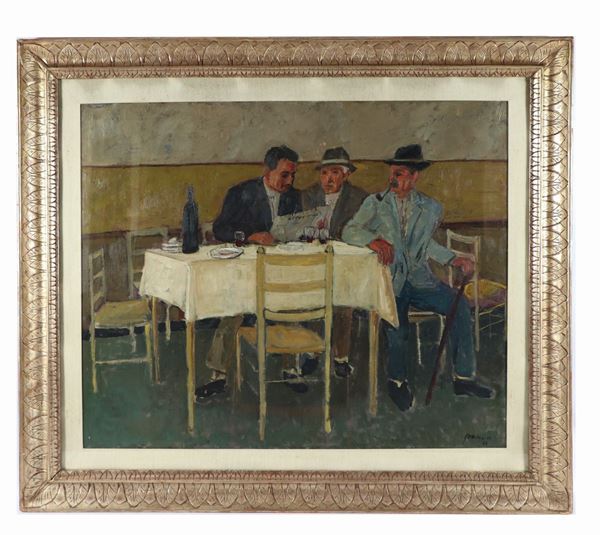 Giuseppe Malagodi - "Interior of a tavern with customers reading the newspaper". Signed and dated 1961. Oil painting on canvas