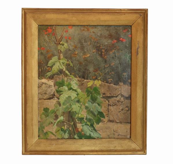 Felice Del Prato - "Flowered countryside with dry stone wall". Signed and dated. Oil painting on canvas
