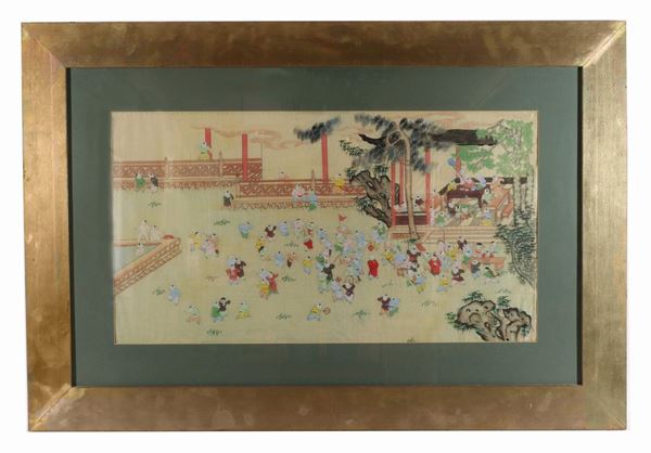 Ancient Chinese panel painted on silk "Feast of children"