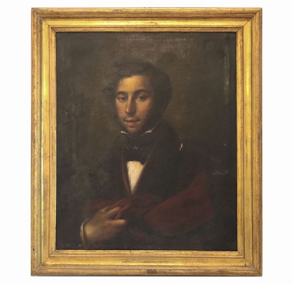 Pittore Italiano Primo Quarto del XIX Secolo - "Ritratto di nobiluomo con mantello" dipinto ad olio su tela