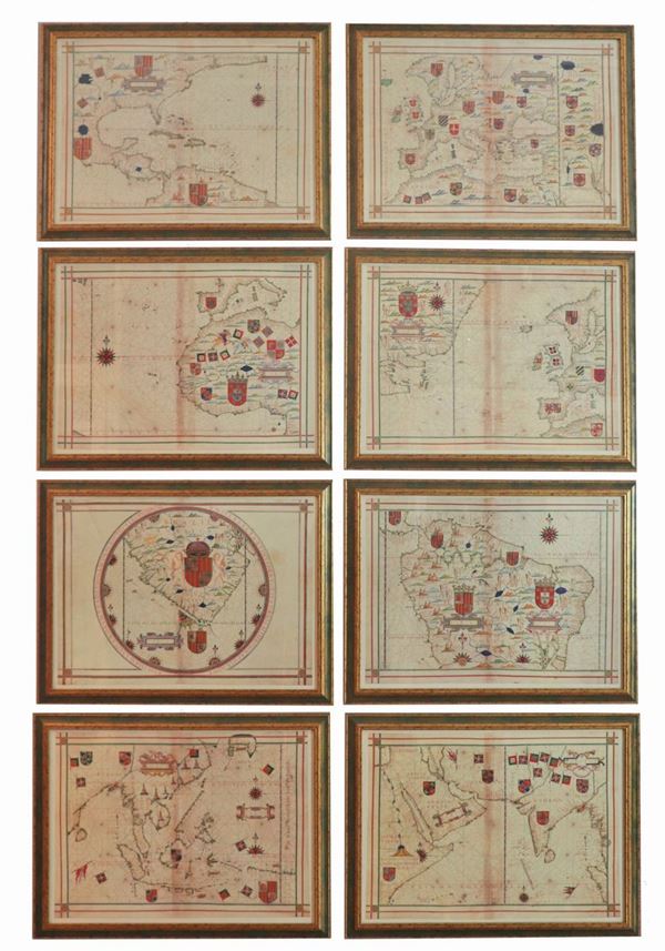 Eight topographic prints of European countries with coats of arms