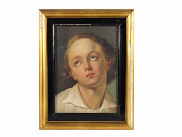 Pittore Italiano Fine XIX Secolo - "Face of a child in ecstasy" small thin oil painting on paper