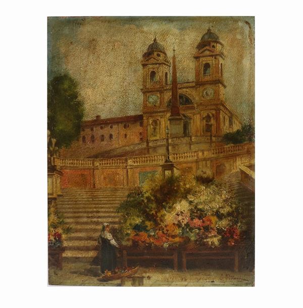Luigi Petrassi - "Veduta di Trinità dei Monti con la scalinata". Firmato. Piccolo dipinto ad olio su cartone