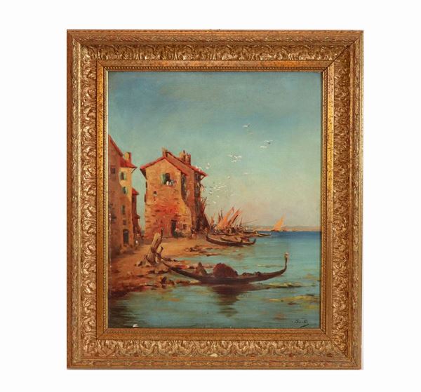 Sorelli Ludovico attivo Fine XIX - Inizio XX Secolo - "View of the Venice lagoon with gondolas on the beach". Signed. Small oil painting on canvas