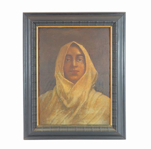 Cesare Biseo - "Portrait of Arab Girl". Signed. Oil painting on plywood