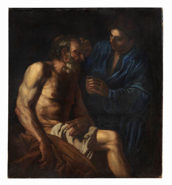 Giovanni Battista Carlone - Follower of. "Tobiolo heals his blind father", oil painting on canvas