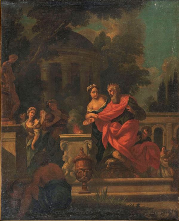 Scuola Italia Centrale Inizio XVIII Secolo - "L'idolatria di Re Salomone" dipinto ad olio su tela