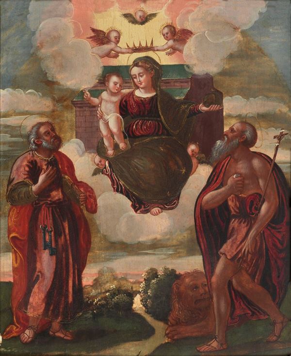 Pittore Veneto Fine XVI - Inizio XVII Secolo - "Madonna in gloria con Bambino e Santi" piccolo dipinto ad olio su tavola