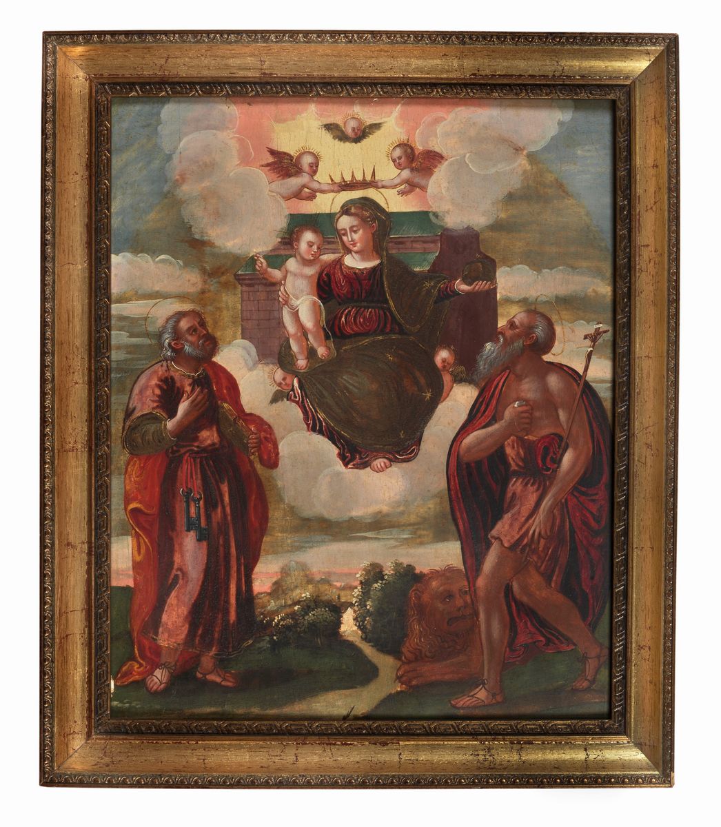 "Madonna in gloria con Bambino e Santi" piccolo dipinto ad olio su tavola