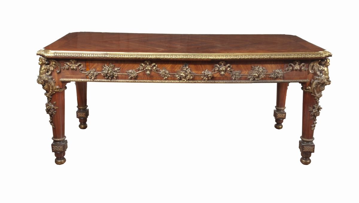 Tavolo scrivania da centro Napoleone III in bois de rose ed ebano viola