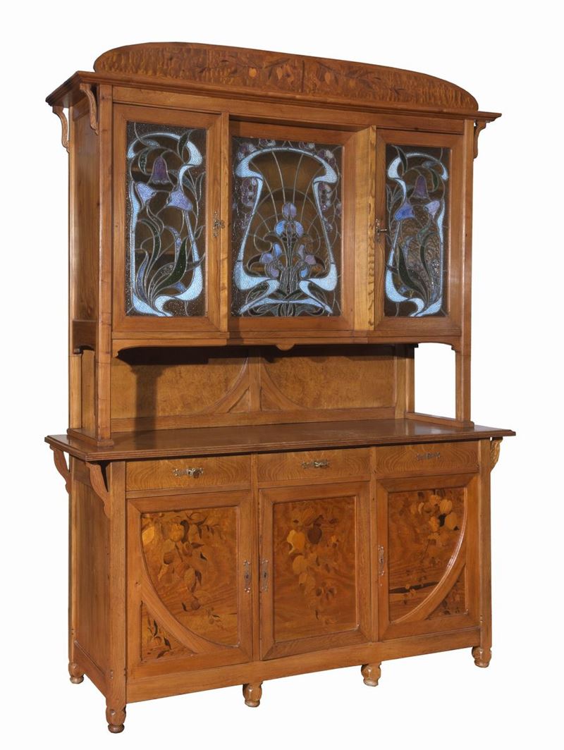 Credenza Art Nouveau in legno di frutto, noce e legno satinato