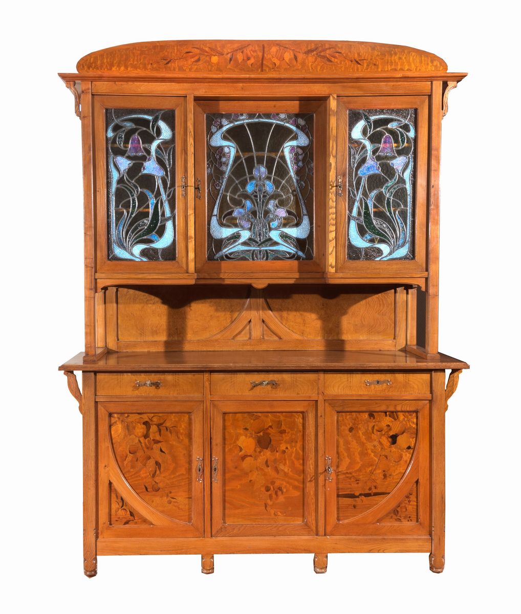 Credenza Art Nouveau in legno di frutto, noce e legno satinato