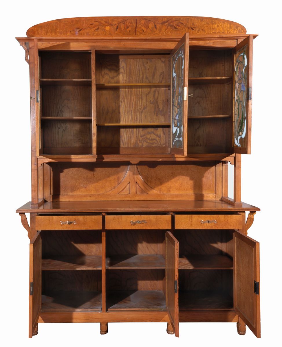 Credenza Art Nouveau in legno di frutto, noce e legno satinato