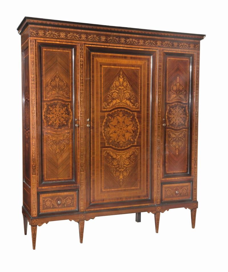 Armadio a tre sportelli e due tiretti in ebano viola e bois de rose