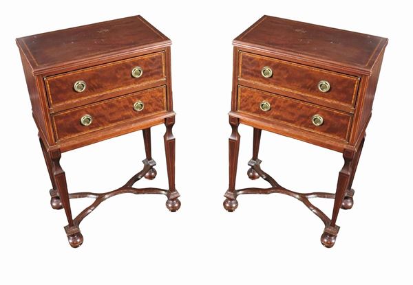 Pair of mahogany bedside tables with inlaid threads