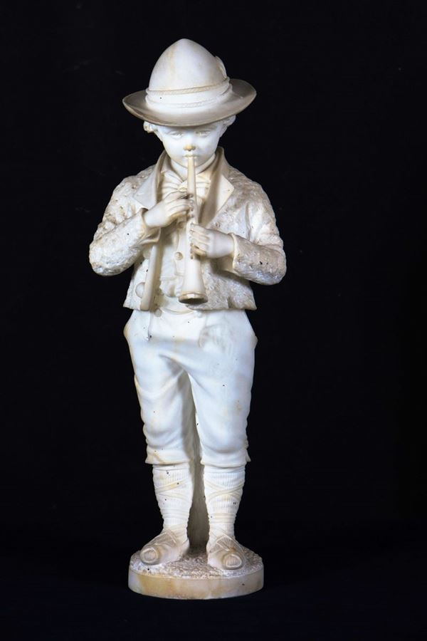 Sculpture "Abruzzese Shepherd" in white Alabastrino marble