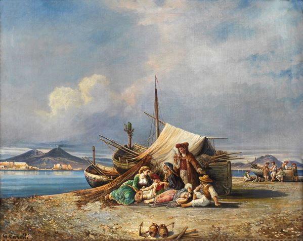 Giuseppe Carelli - "Marina con il Golfo di Napoli, il Vesuvio ed il riposo dei pescatori". Firmato. Dipinto ad olio su tela