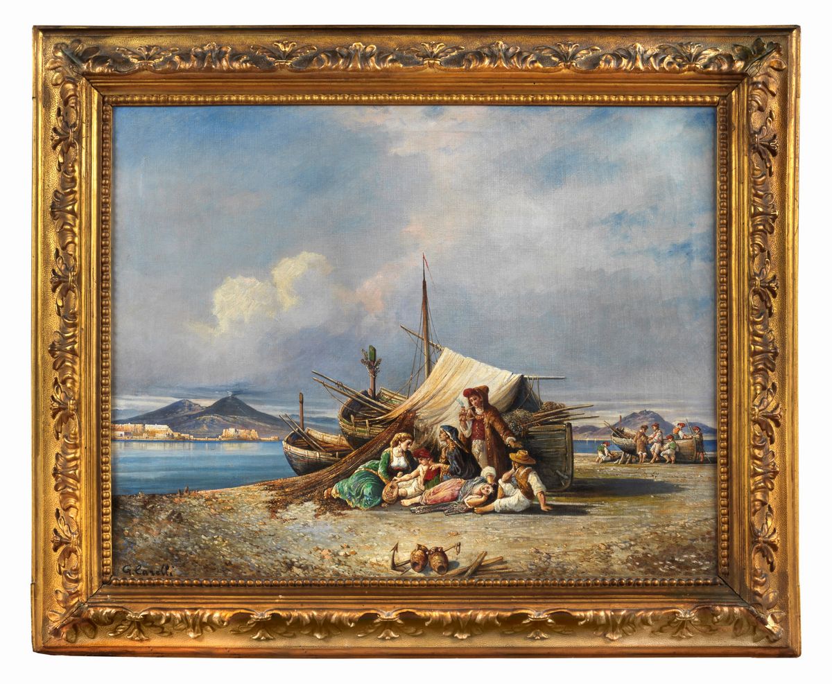 "Marina con il Golfo di Napoli, il Vesuvio ed il riposo dei pescatori". Firmato. Dipinto ad olio ...