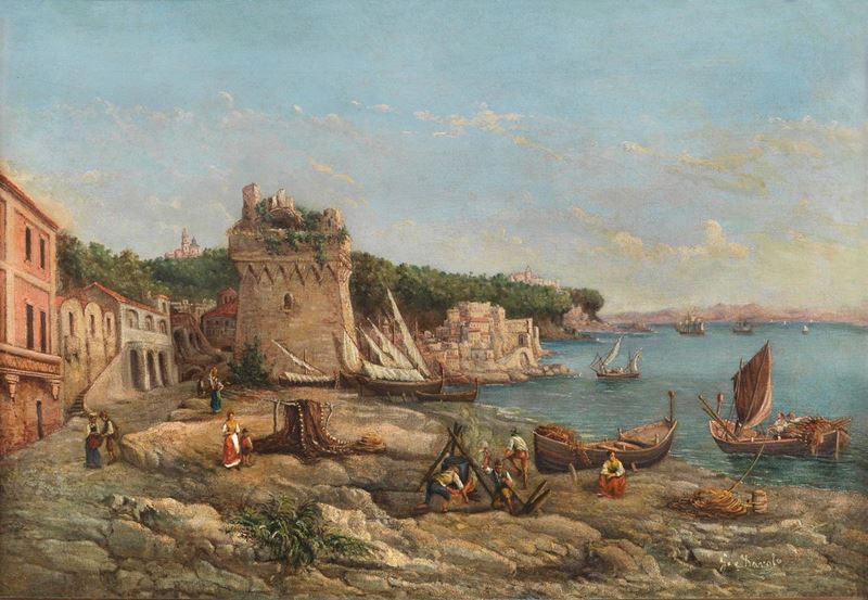 "Marina con veduta di porticciolo e barche con pescatori". Firmato. Dipinto ad olio su tela