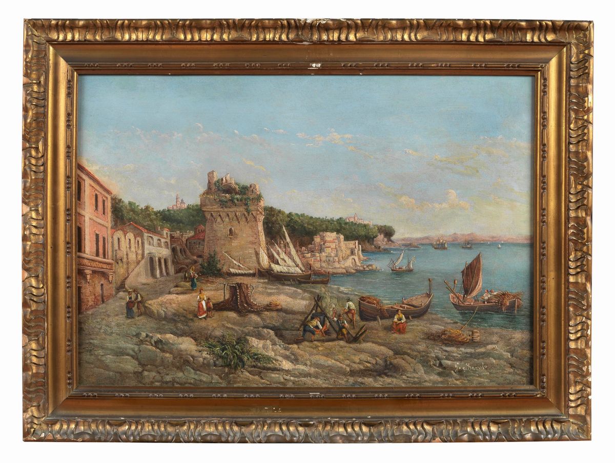 "Marina con veduta di porticciolo e barche con pescatori". Firmato. Dipinto ad olio su tela