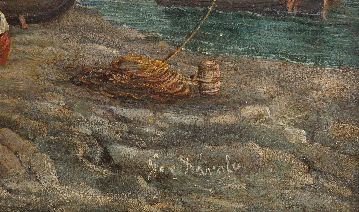 "Marina con veduta di porticciolo e barche con pescatori". Firmato. Dipinto ad olio su tela