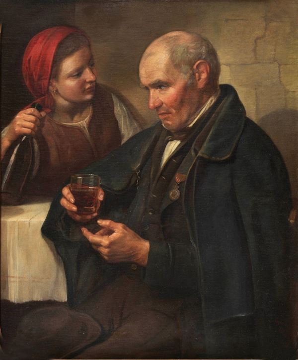 Pittore Europeo XIX Secolo - "Noble at the Inn". Signed and dated 1866. Oil painting on canvas